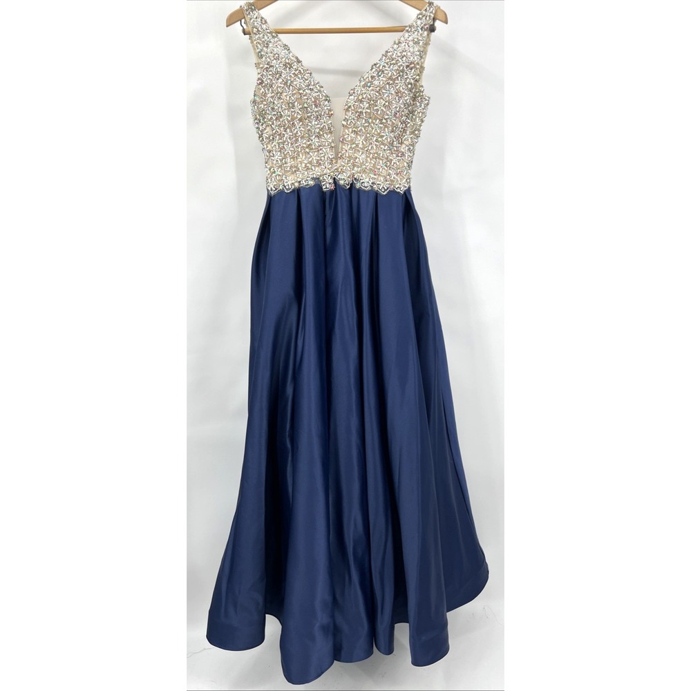 Dave & Johnny Jeweled Bodice Full Navy Blue Dress Prom Glam Gown Size 4 EUC